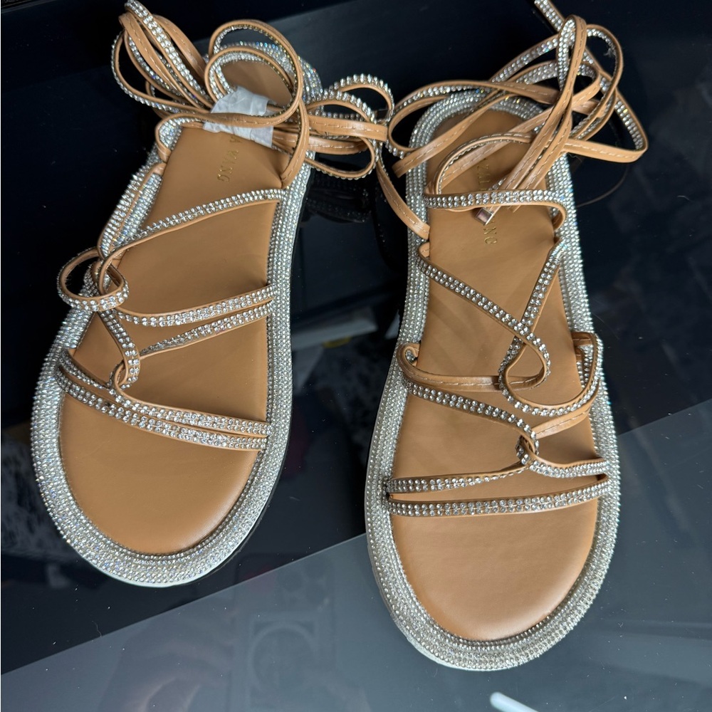 Tan Strappy Sandals with Rhinestone Detailing